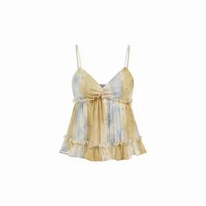 Cider Chiffon V-Neck Abstract Floral Ruffle Crop Cami Top SummerWins Dealsforyou