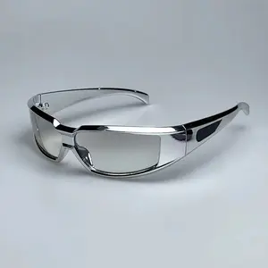 Future Warrior Silver Sparkling Sunglasses Cool Technology Sense Cyber Style Square Reflective Silver Frame Bar Bouncing Glasses