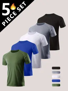 Men's 5 Piece Quick Dry Crew Neck T-Shirts 100% Polyester Lightweight Breathable Moisture Wicking Casual Sporty for Summer Workouts Outdoor Activities Athletic Apparel - Gym Tees Athleisure Street Fit Activewear Fitness moisture-wicking comfort