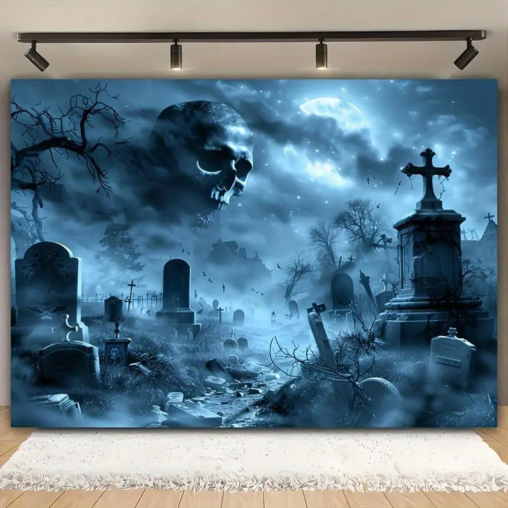 1pc Polyester Gothic Horror Halloween Graphic Throw Banner Backdrop - 2D Flat, Gothic Cemetery Scene with Skulls, Zombies, Vampires, Clowns, Ghosts, Full Moon Night Design - Indoor/Outdoor Haunted House, Party Decor (White), Gothic Horror Throws, Hallowee