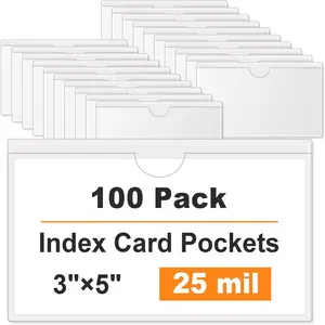 100 Pack Clear Adhesive Pockets 3" x 5", Self-Stick Index Card Pockets with Top Open Loading for Storage Bins, Library Card, Drawer & Classroom Organization