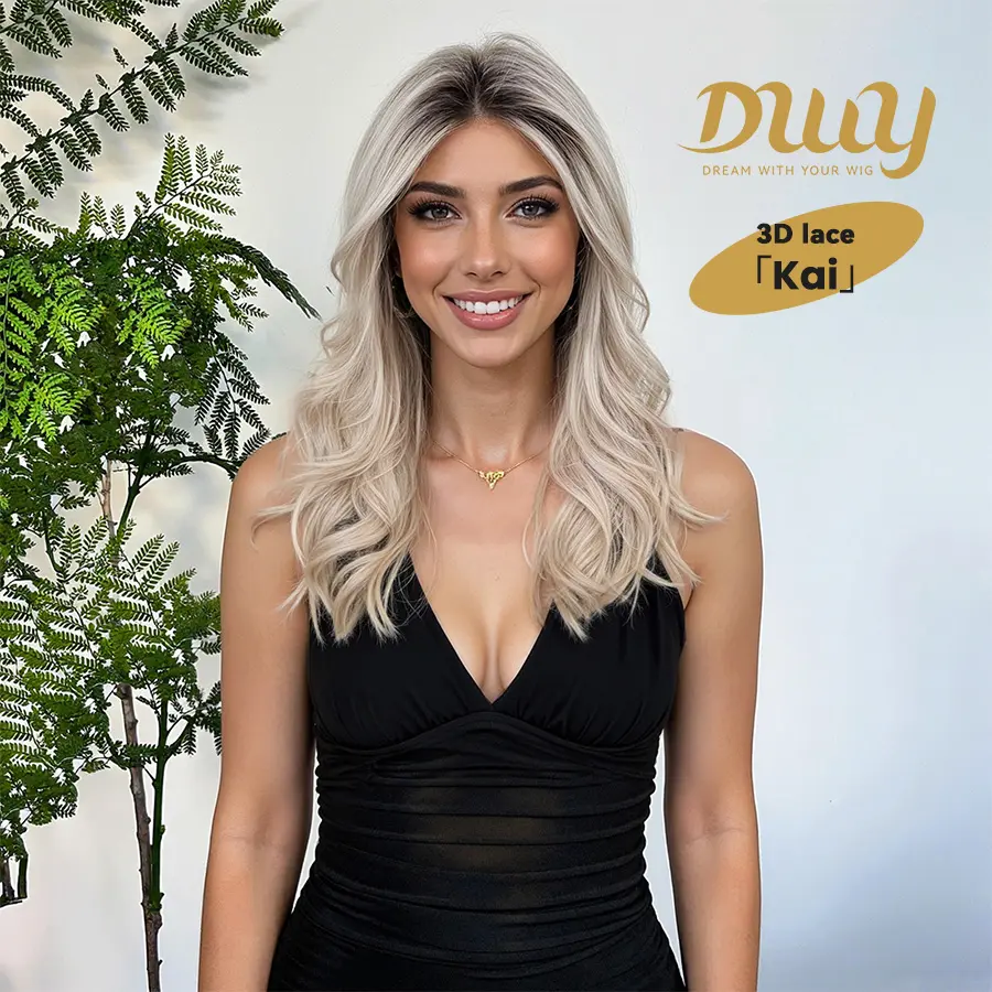 KAI -New Technology ! DWY 3D Lace Front Free Part Long-Length Wavy Platinum Blonde with Highlights Glueless Synthetic Wig for Women 24 Inches