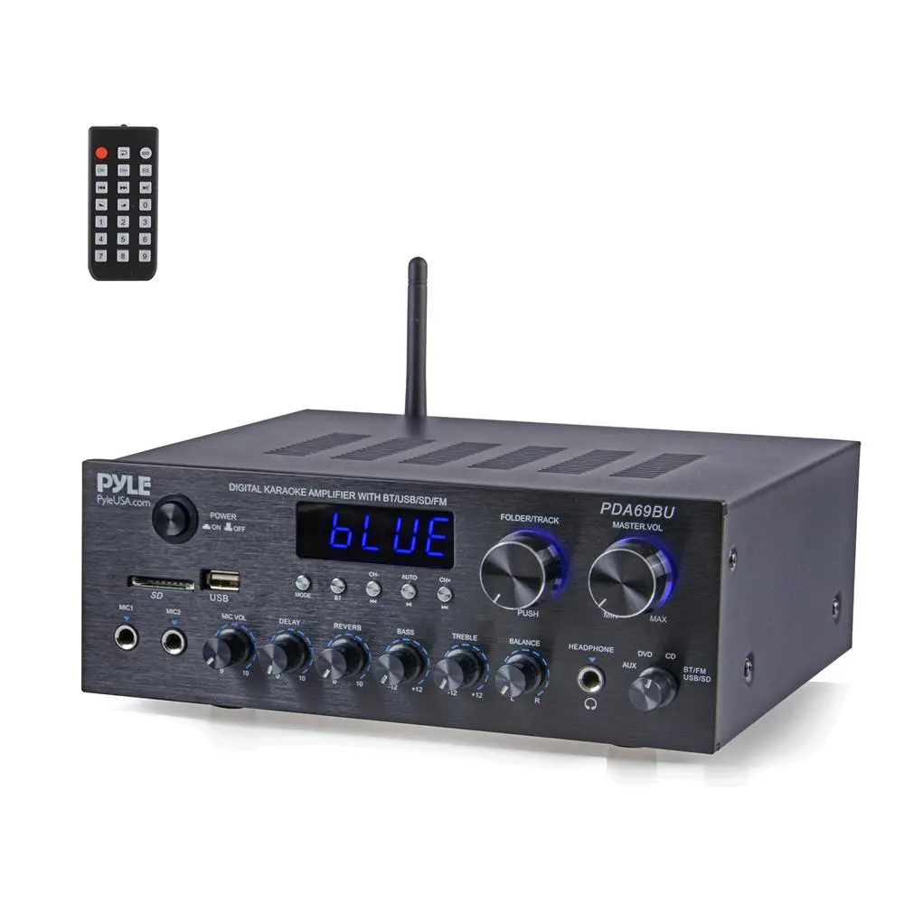 Stereo Amplifier Receiver with Bluetooth 5.0 | 2-Channel Audio Amp with Dual Microphone Inputs, Headphone Output, USB/SD/FM Radio, RCA & AUX Inputs, Bass & Treble Control - Remote Included - Home Theater Audio System