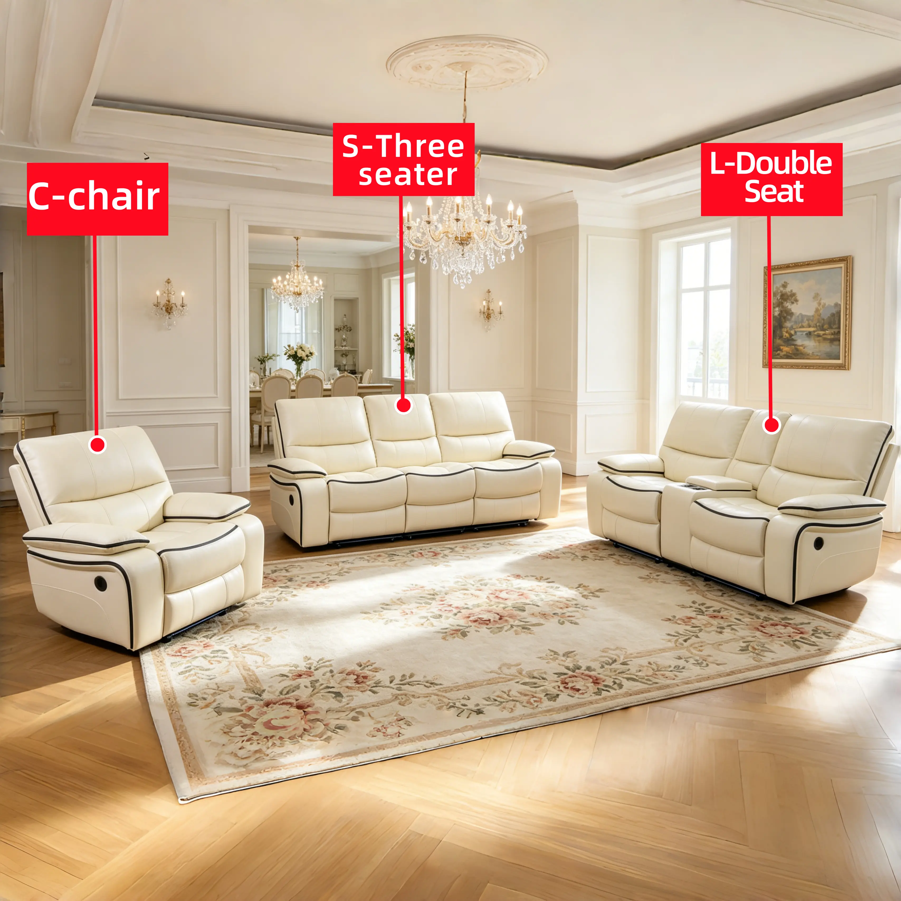 Luxury electric sofa combination with LED lights, with pulldown lounge chair/adjustable to (110 ° -115 °)/sofa with storage desk/living room furniture sofa combination