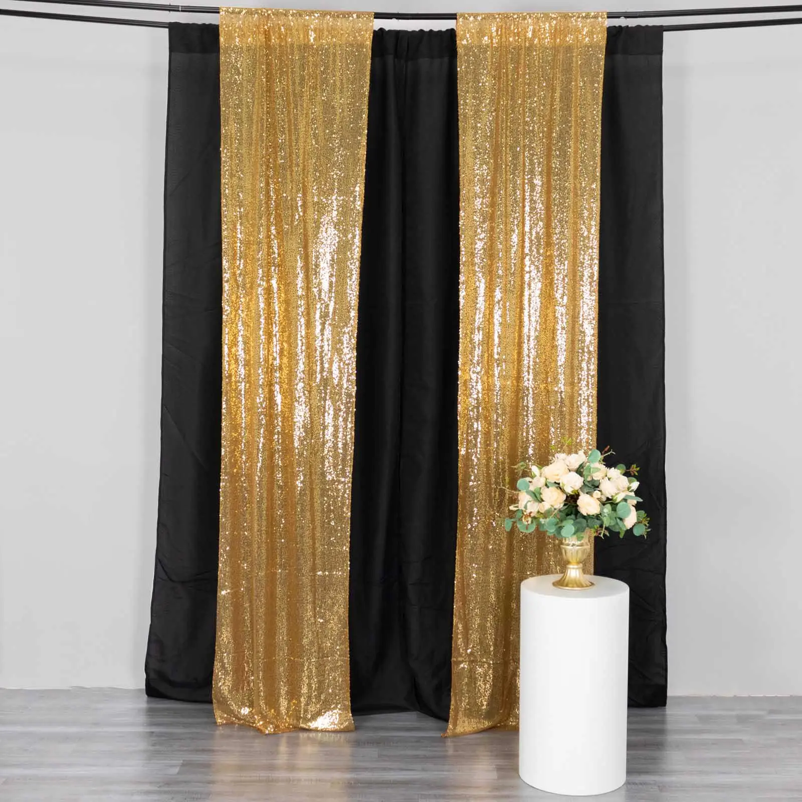 2-Pack Gold Sequin Backdrop Drape Curtains with Rod Pockets, Seamless Shine Enhancing Mesh Panels - 8ftx2ft Decorative 2-Piece Set for Wedding Reception, Hotel Party Event Photo Booth Dividers Backdrops