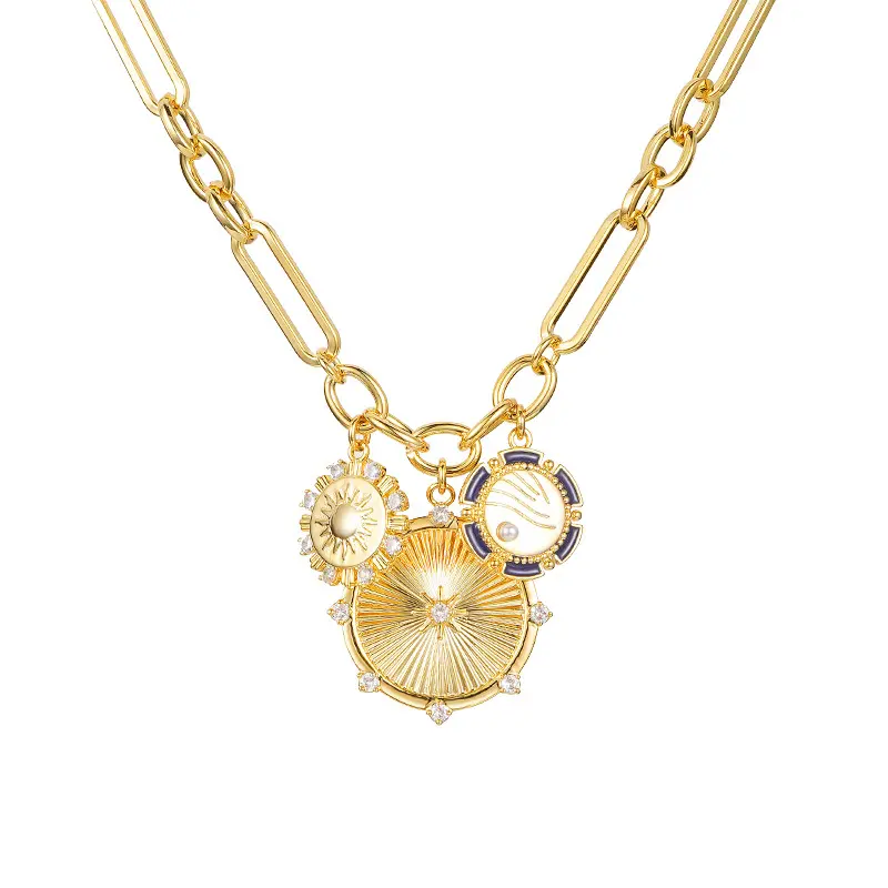 18K Gold Plated Celestial Medallion Necklace for Women, Layered Paperclip Chain with Sun-Moon-Wave Charm, Dainty Luxury Jewelry Gift
