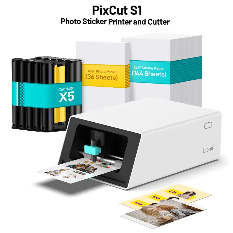 [LIVE ONLY] Liene PixCut S1 All-in-One Photo Sticker Printer & Cutting Machine - Bluetooth Thermal Dye-Sublimation Sticker Maker for DIY Crafts & Personalized Gifts, 300 DPI Prints, AI Auto-Cutting, Smart Design App with AI Creation Tools, Label Printer