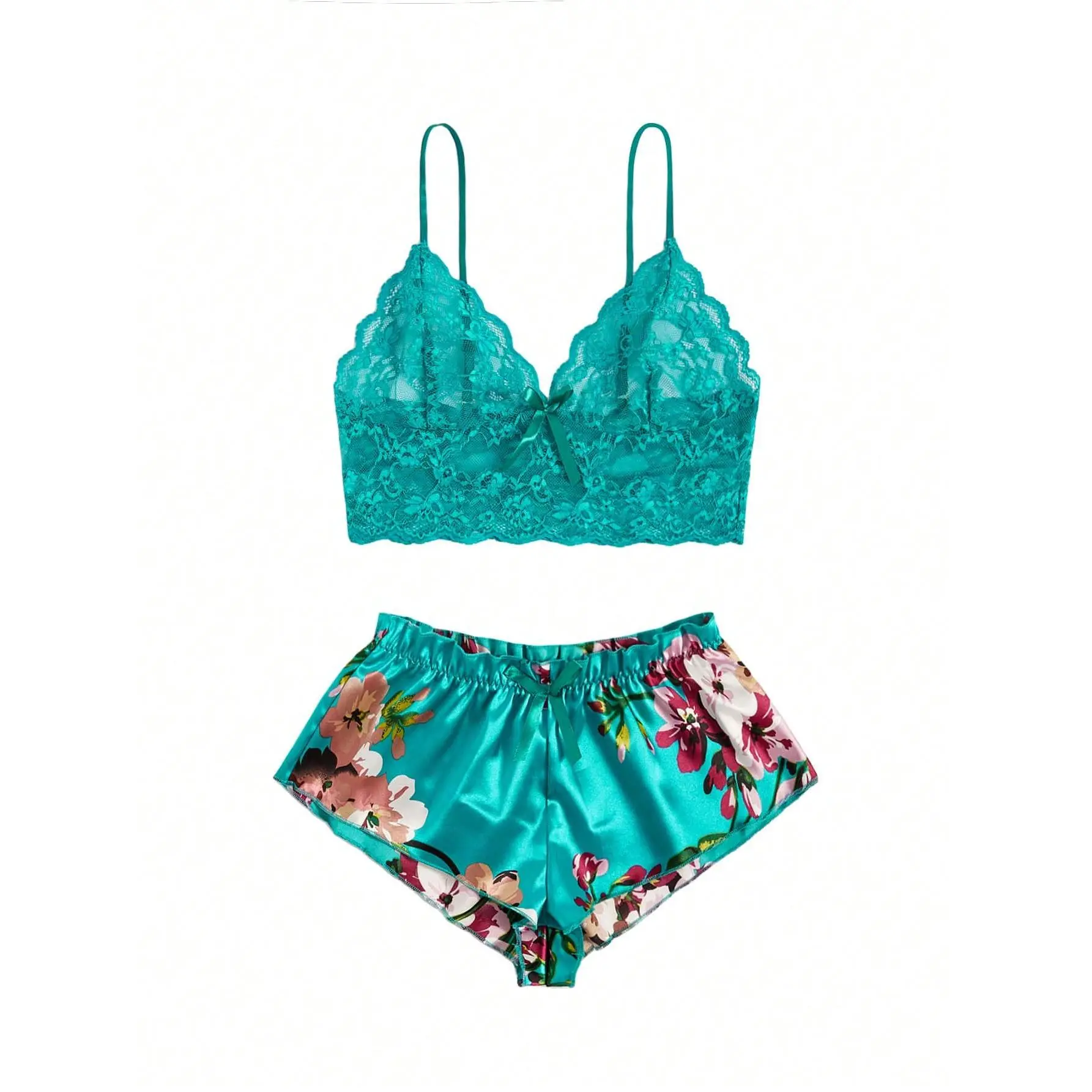 Women's Romantic Green 2-Piece Fitted Lingerie Set - Soft Bra Set, Floral Lace Longline Bra, Boyshorts Panty, Scallop Trim, Medium Stretch Fabric, Sizes S,M,L, Underwear for Women