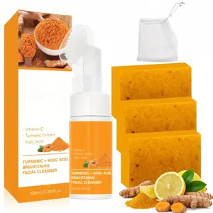 Turmeric 2Pcs Skincare Set, Foaming Turmeric Face Wash and Turmeric Soap Bar, Daily Deep Cleansing Body & Facial Cleanser, Exfoliates Impurities and Restores Fresh Glowing Skin