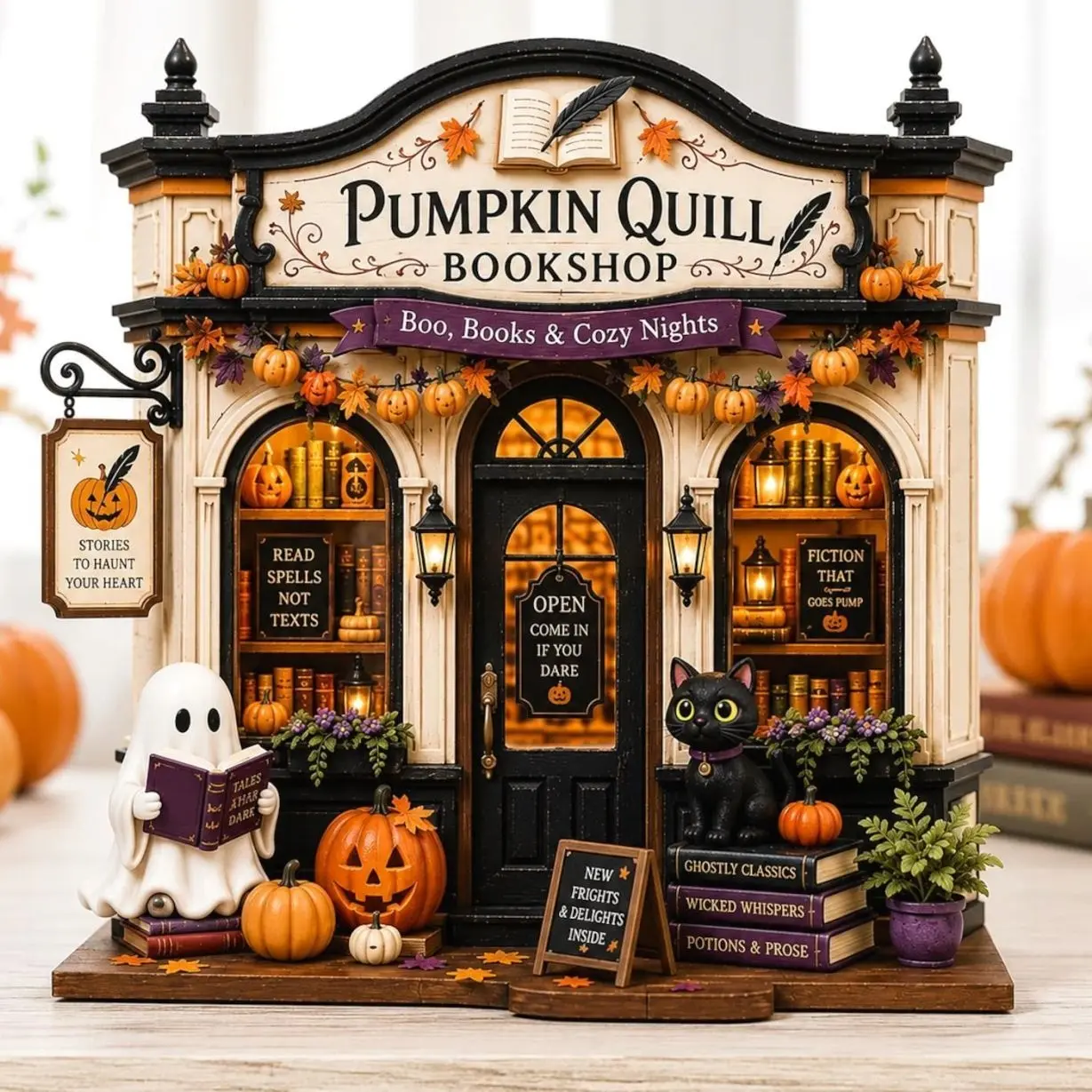 Personalized Halloween Bookstore Wooden Block, Custom Pumpkin Book Shop Decor, Ghost Library Shelf Sign, Spooky Book Lover Gift