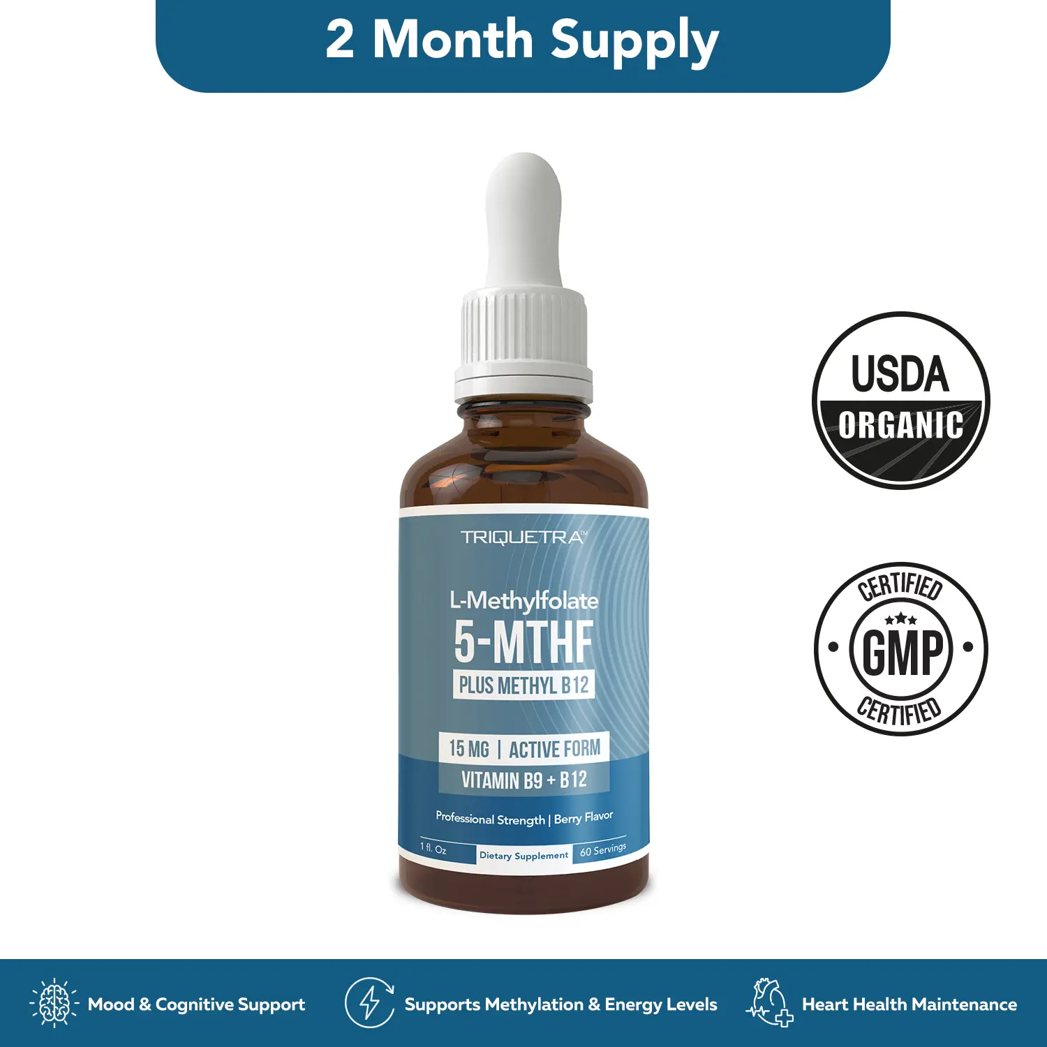 L- Methylfolate 15mg + B12 Pro Strength, Liquid 5-MTHF Form, Supports Mood, Methylation, & Cognition Supplement Energy Levels Vitamin Methylcobalamin