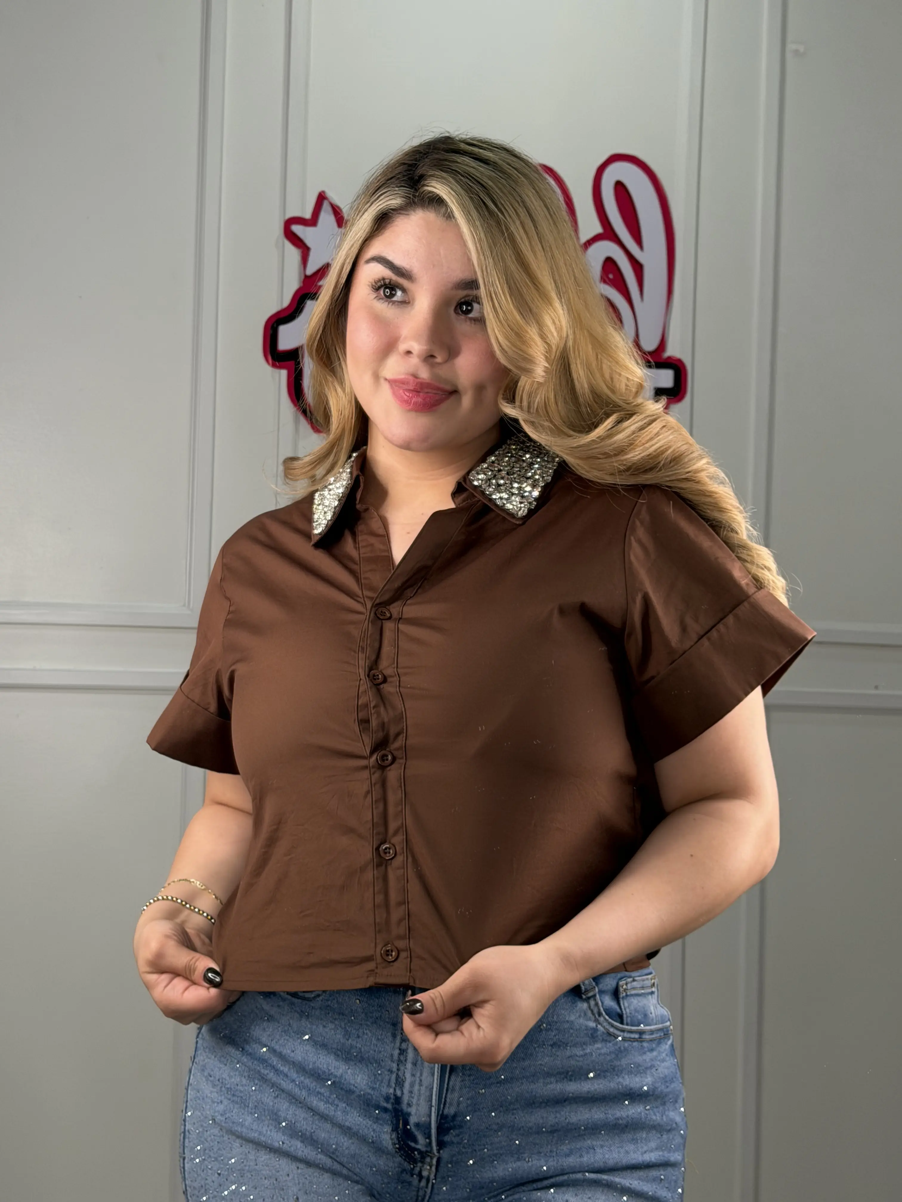 Sofi's Short Sleeve Button Up Top - Rhinestone Collar
