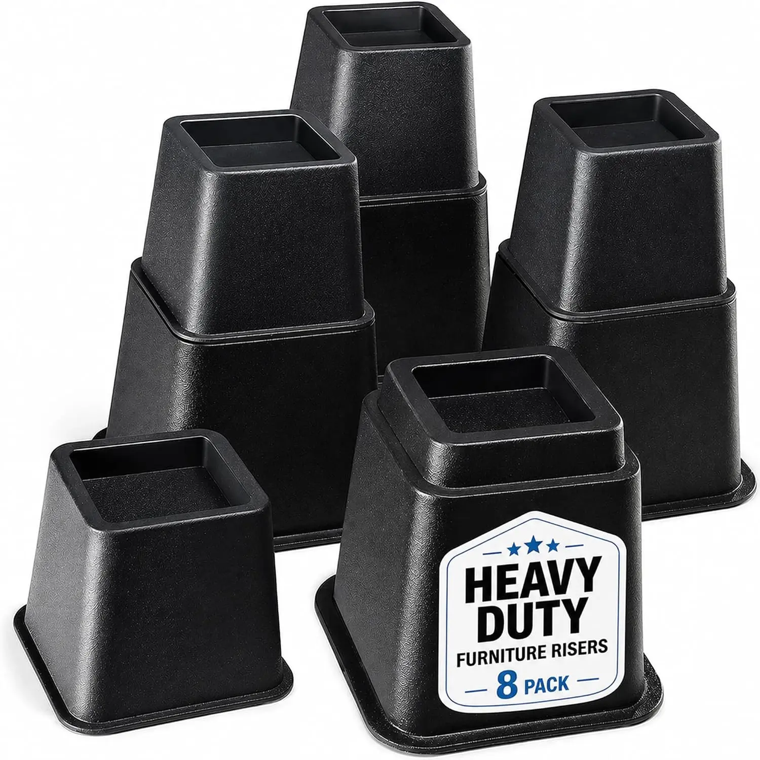 Adjustable Bed Risers - Elevation in 3, 5 or 8 Inch - Heavy Duty Stackable Furniture Risers Supports 1,300 lbs - for Under-Bed Storage, College Dorms, Table and Couch, 4 Pack Bed Lifts Black