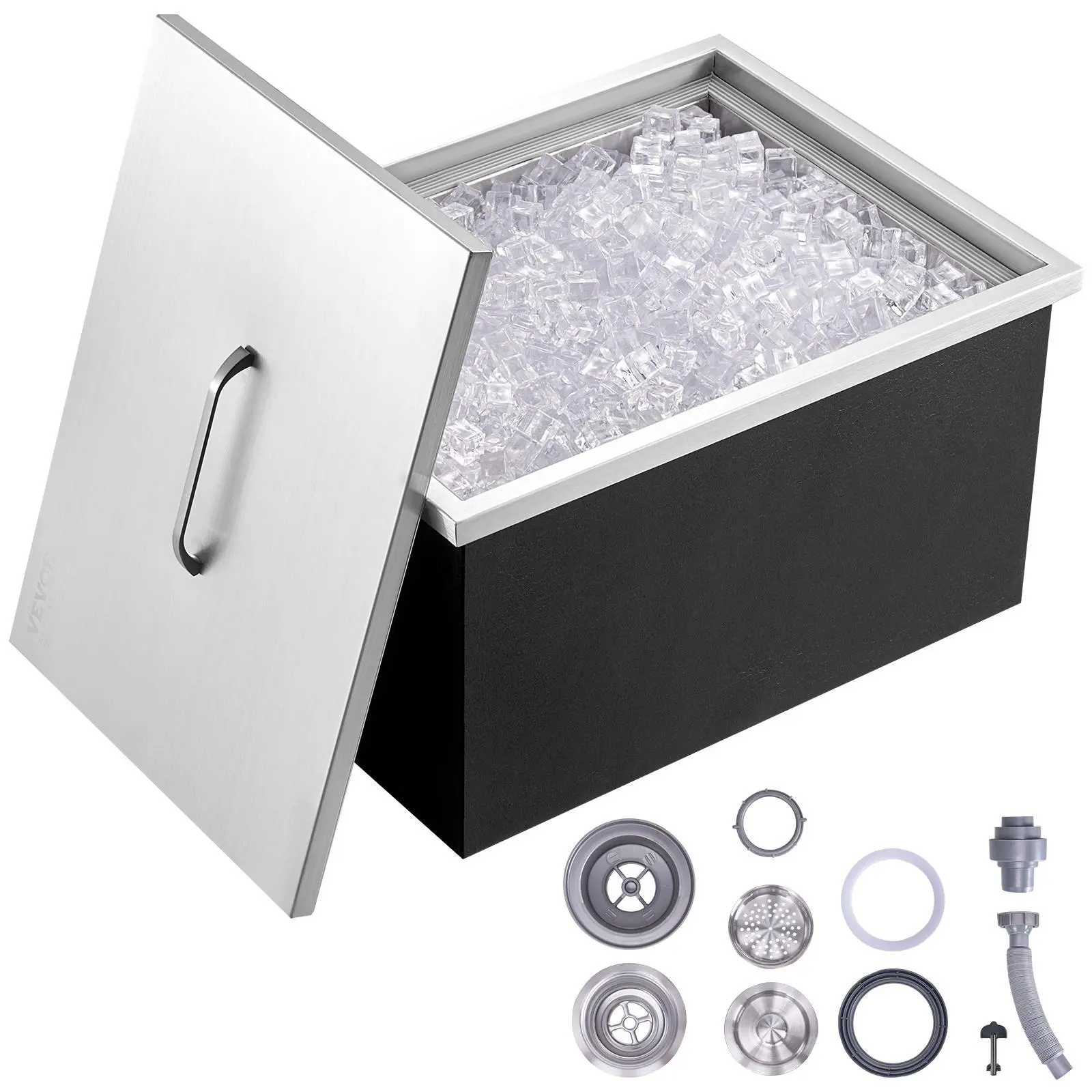 VEVOR Drop in Ice Chest,  20"L x 14"W x 12"H Stainless Steel Ice Cooler, Commercial Ice Bin with Cover, 40 qt Outdoor Kitchen Ice Bar, Drain-pipe and Drain Plug Included, for Cold Wine Beer Filter Utensils#BacktoSchool