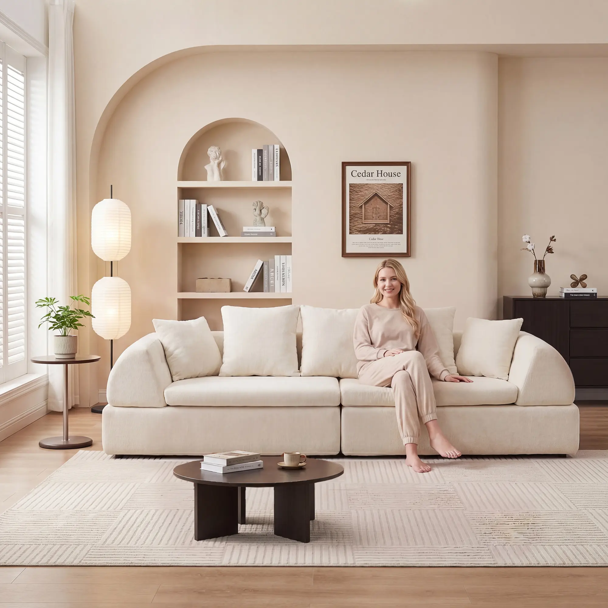 Modular Sectional Sofa with Ottoman, Deep Fluffy Seat, Boneless Shape, Foam+Spring, Medium-Soft, No Assembly, White, 4-Seat, 104.33x38.97x25.59in