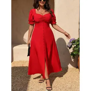 PlusSizeSolidColorSweetheartNeckSlitUpThighElegantShortSleeveDressCasualFabricFitWomenswearRuchedSummerPolyesterFlat