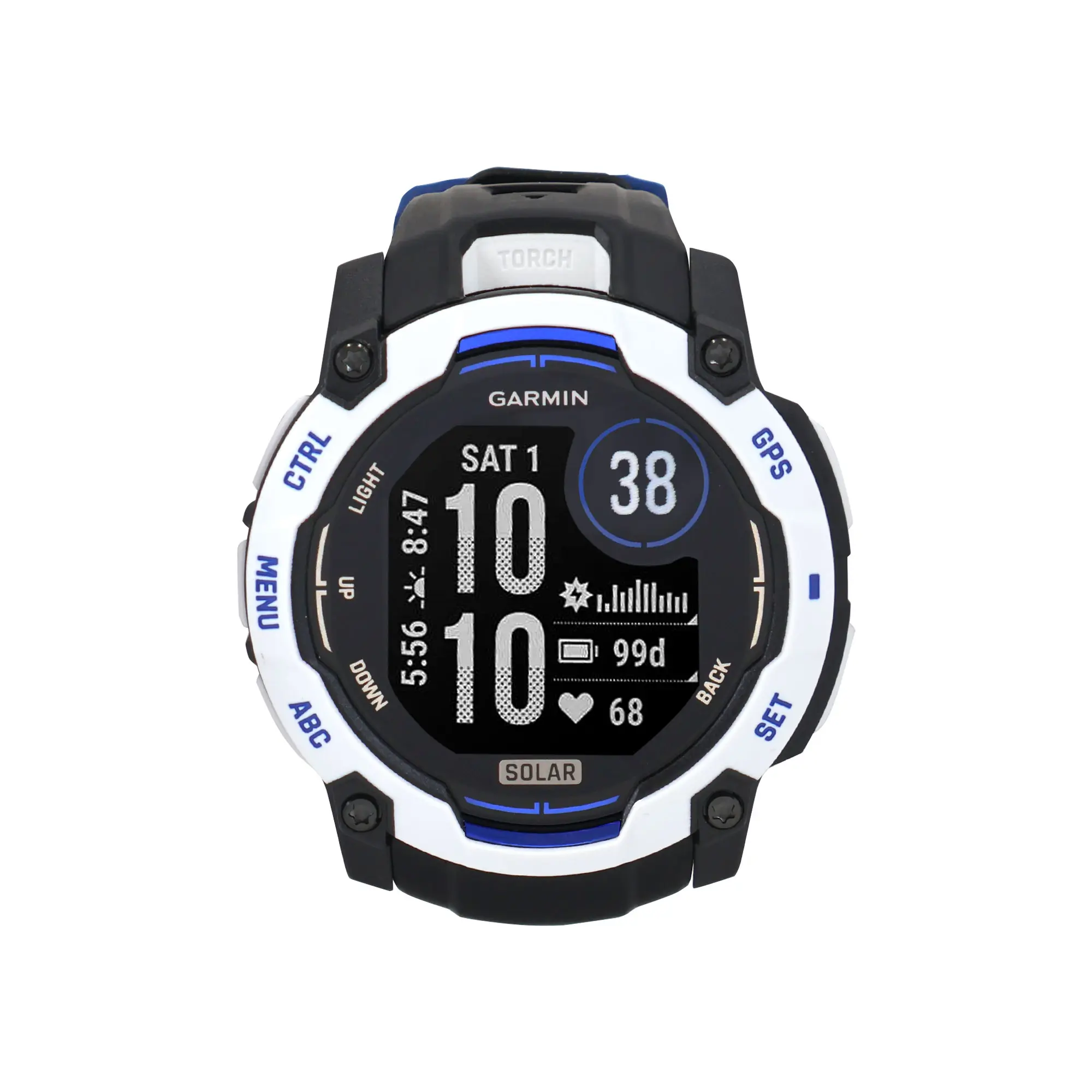 Garmin Instinct 3 Solar Rugged Outdoor GPS Smartwatch – 50 mm, Silicone Band (Whitestone with Black/Bolt Blue)