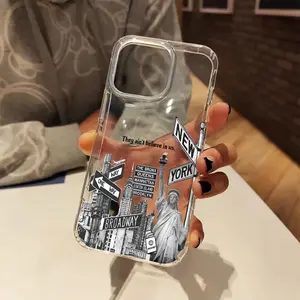 This black and white collage design of iconic New York City buildings features a drop-proof and non-slip TPU case with a large-aperture lens. It's compatible with iPhone 17, 16, 15, 14, 13, 12, 11, XS, X series, and makes a great gift for friends
