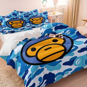 BAPE Baby Milo Blue Camo Duvet Cover Set, 1 Duvet Cover and 1-2 Pillowcases, Blue-White Camouflage with a Large Monkey Cartoon Image, Comfortable Soft, Fresh Fashion Cool Bedroom Decor, Fans Gift, Bed Sets