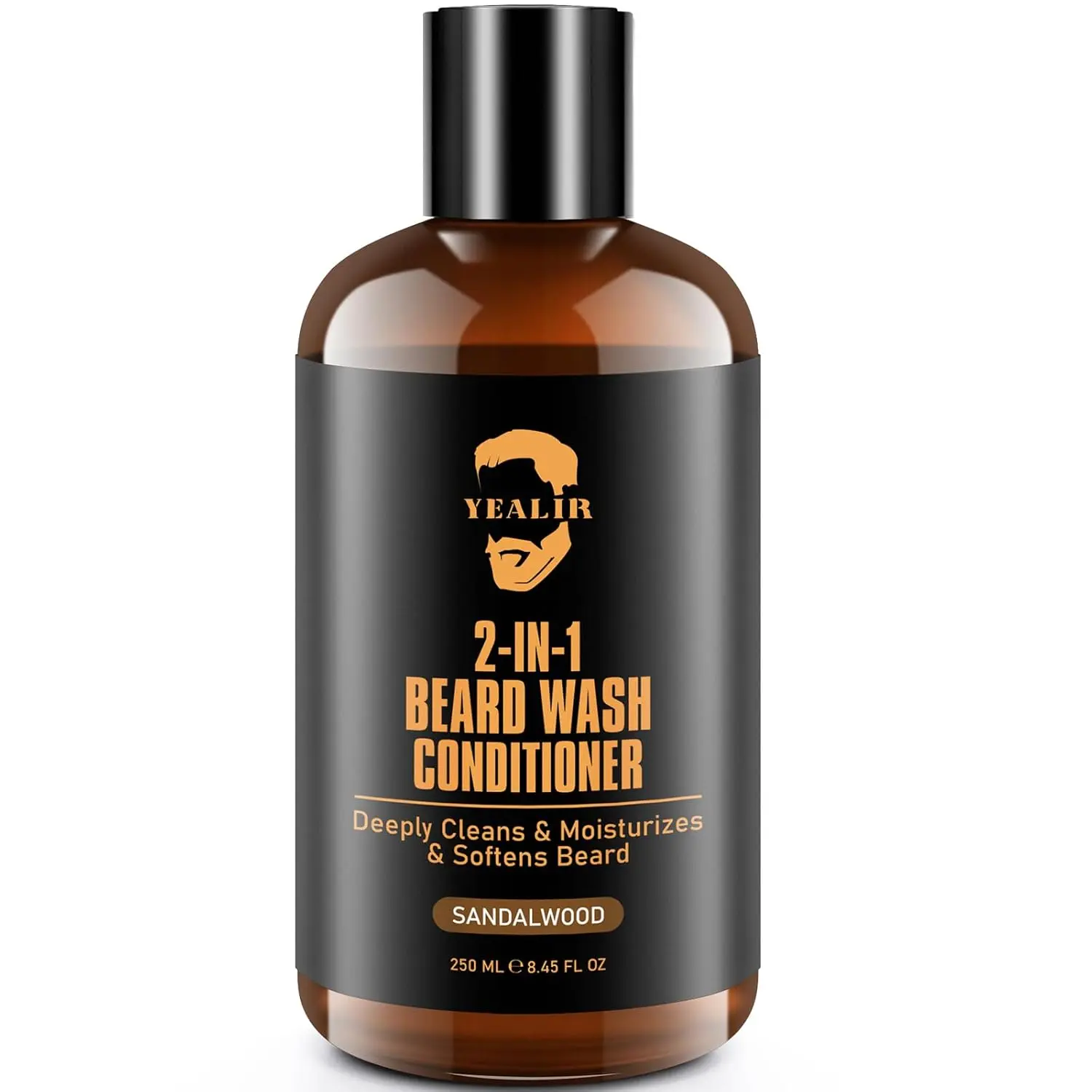 YEALIR 2-in-1 Beard Wash and Conditioner, Daily Haircare Moisturizer with Argan Oil for Frizz Control, Sandalwood Scent, Single Item Gift for Men, 8.45 oz, Gentle, Cleansing