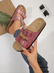 Women's Fashionable Rhinestone Decorated Slide Sandals, Casual Comfortable Flat Sandals for Summer, Lightweight Breathable Shoes for Daily Wear, Girl, Footwear