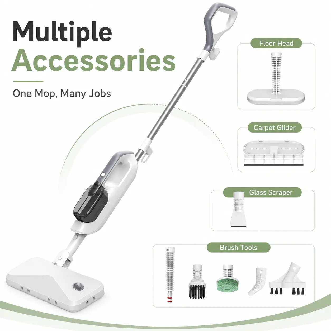 BOJUK D7-002 Multifunction Electric Steam Mop for Sealed Hard Floors, Steam Mopping, Everyday Home Refresh Tasks, 260°F High-Temperature Cleaning, 470ml Removable Tank, 1500W Power, 5m Cord, 2.7kg Weight, Squeegee, Brush Tools, Glass or Mirror Cleaning, 2
