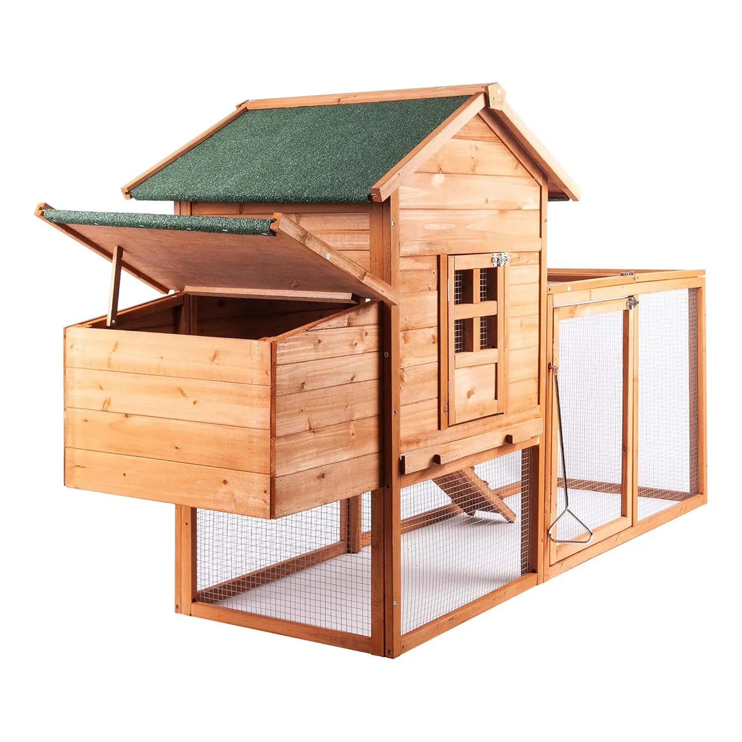 Grezone Outdoor Wooden Hen House Enclosure - Chicken Cage Enclosed for 1-4 Chickens, 80in Poultry Pet Hutch Run with Waterproof Asphalt Roof, Ramp, Nesting Box, Wire Fence for Summer Gardens