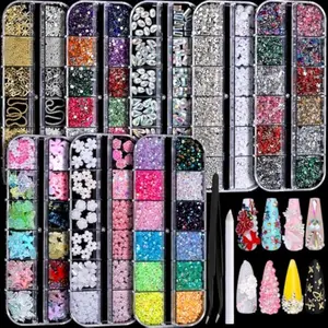 Nail Charms, Nail Rhinestones Kit with 8 Boxes of Nail Gems, 3D Charms for Nails, Colorful Clear Flatback Rhinestones, Charms Y2K for Nails, Multi Shape Pearls Jewels for Crafts