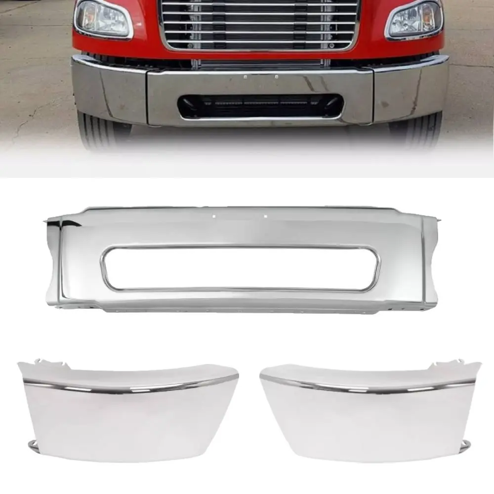TORQUE Center Bumper and Pair of Corner Bumpers Steel Chrome Replacement for 2003-2024 Freightliner M2 106 112 Business Class Trucks (TRB371400C + TRB371101CP)