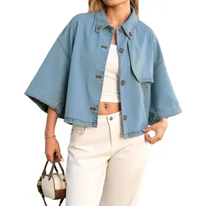 Imily Bela Womens Cropped Denim Jackets Casual Button Down Jean Shirt Shacket Loose 3/4 Sleeve Coat with Pockets