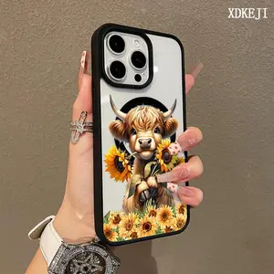 Sunflower Highland Cow Pattern Premium Magnetic Phone Cases for iPhone 17 Air 16 15 14 Pro Max 13 12 11 Plus Smartphone Shockproof Protection Acrylic Cover Cellphone Protective magsafe magnetic case Resistance Casing