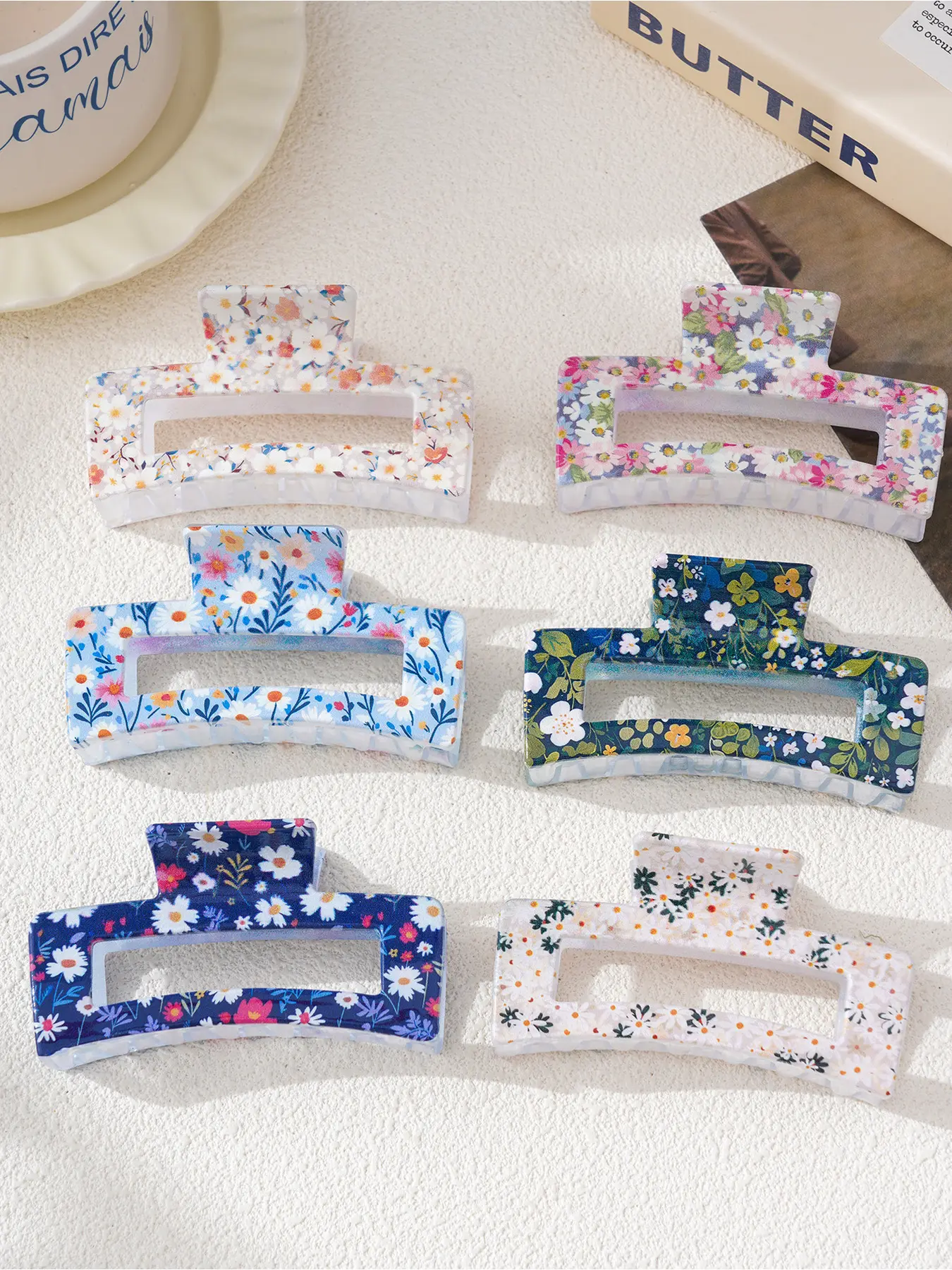 6-piece Claw Clip Pack small floral pattern rectangular hair clip with countryside style, shark clip suitable for outdoor picnics and gatherings, Flat Claw Clips, Floral hair accessories