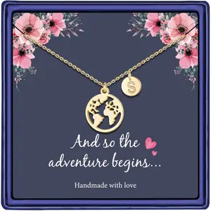 Graduation Gifts for Her Women - 14K Gold Plated Earth World Map Necklace Graduation Gift College High School Graduation Gifts for Her Disc Letter Graduation Necklace Jewelry for Women