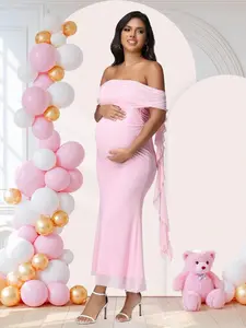 JOYCEE Pregnancy Off Shoulder Elegant Gown Ruffle Trim Dress For Baby Shower, Summer