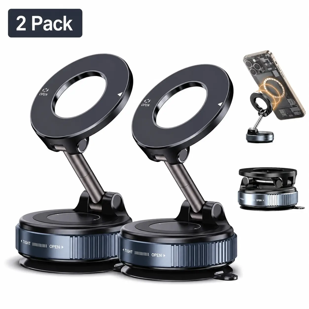 2 Pack Vacuum Suction Magnetic Car Phone Mount, Unpowered 360° Rotatable Foldable Adjustable Smartphone Holder, Noiseless Car Phone Stand for for iPhone & Android Devices