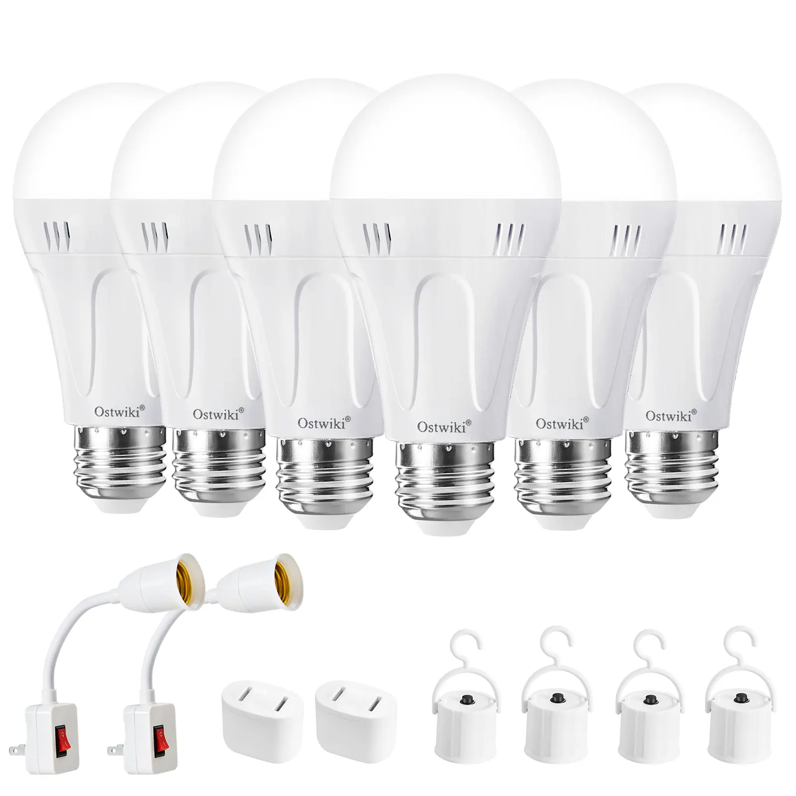 OSTWIKI 6 Pack Rechargeable Emergency Light Bulbs A19, Camping Lamp Battery Powered LED Light Bulb 6500K Daylight E26/E27 120V 9W with 1200mAh for Home Power Outage, Camping, Hurricane, Emergency Light Bulb, Emergency Lighting outdoorfun Bright led lights