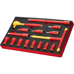 VEVOR Insulated Socket Set, 16-Piece Insulated Wrench Tool Set, 1000V Insulated Socket Tool, with Insulated Sockets, Insulated T-Handle Wrench, Drive Rachet, Extensions, for Electricians Home Repair