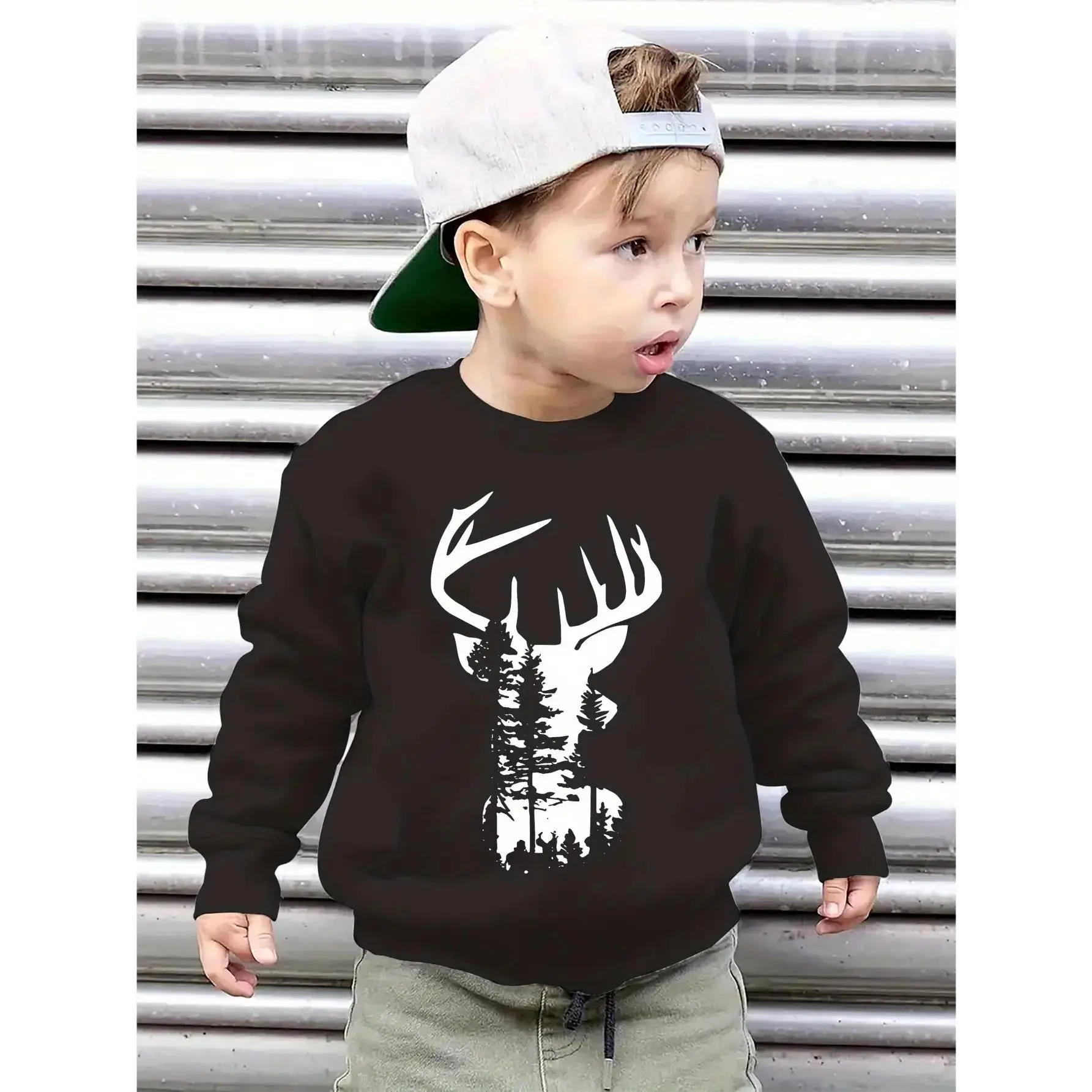 Boys' Cozy Sika Deer Print Crew Neck Sweatshirt - Long Sleeve, Cotton  for Fall/Winter