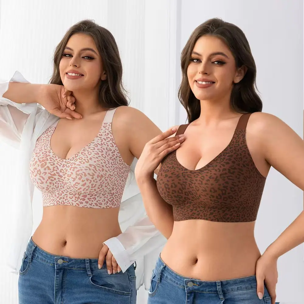 Aubrasen Women's Full Coverage Wireless Jelly Bra - Leopard Print, Smooth Seamless Sculpting, Push-Up, No-Underwire, Comfortable Fit, Everyday Wear Bra