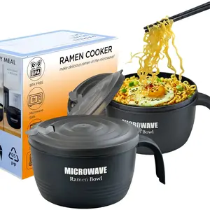 2 Sets Microwave Ramen Cooker Bowl 45 oz Instant Noodle Bowl with Handles Ramen Noodle Cooker with Spoon Chopsticks Fork  College Dorm Room Essentials for Boys Girls (Black, Black)