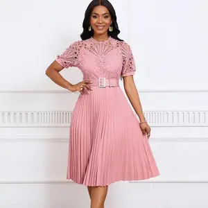 Women's Clothing 2025 New Short Sleeve Lace Trim Pleated African Dress Gown