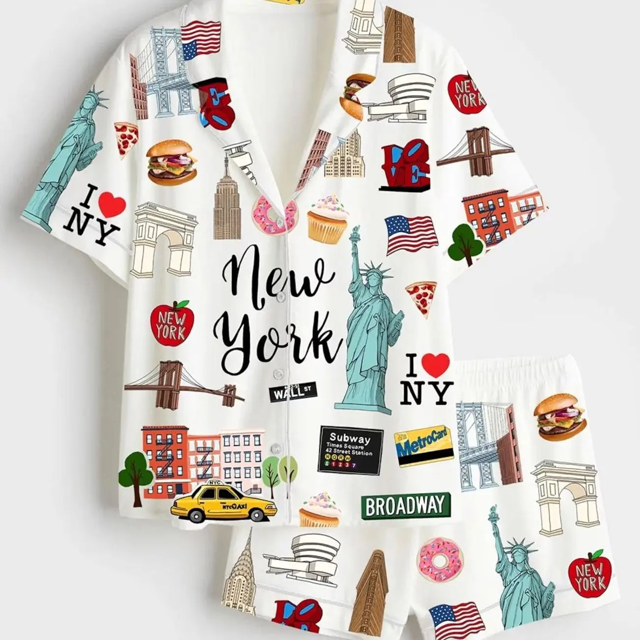 New York Travel Satin PJs, Cute NYC GoodNotes Vacation Loungewear, Independence Day Statue of Liberty Gift, Silky Short Sleeve Pajama Set