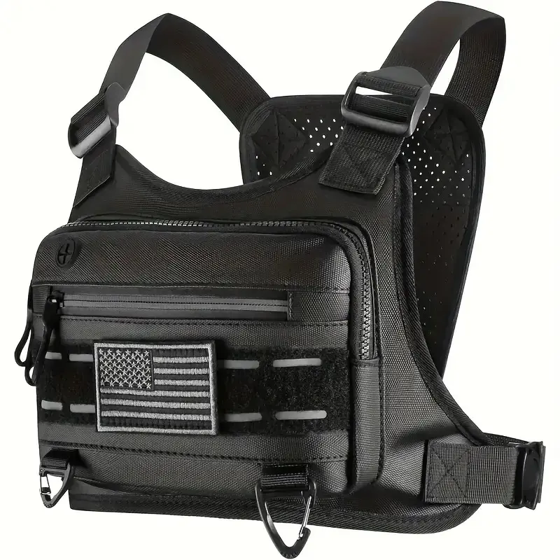 Black Tactical Chest Vest - Unisex Gorpcore Tactical Accessories with American Flag Patch, Ample Space, Enhances Trail Running Experience