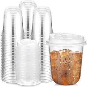 100 Sets 12oz Disposable  Clear Plastic Cups With , Round Bottom Iced Coffee Cups With Lid for Smoothie, Cold Beverages, Drinking Tumblers, Cold Drinks for Party, Wedding, Event