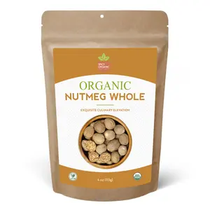 SPICY ORGANIC Nutmeg Whole (Ceylon) - 4 oz (20-25 nuts) - Certified USDA Organic- Fresh Whole Nutmeg Spice for Both Sweet and Savory Dishes, Such as Desserts, Baked Goods, Soups, Sauces, and Beverages.l Natural Flavor