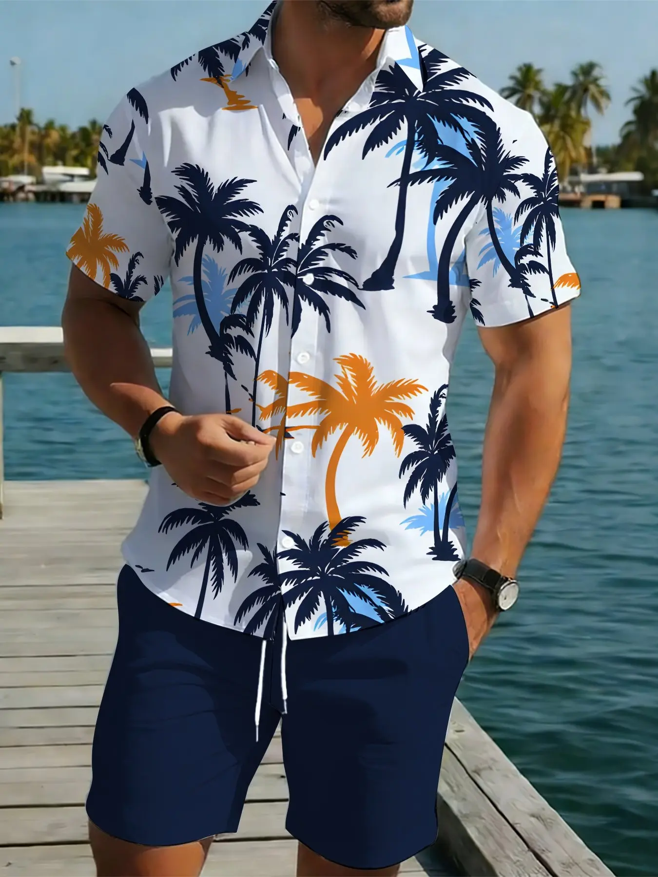 Clearance Shirt Set: Men's Short-Sleeve Graphic Shirt and Shorts Set - Collared Shirt + Drawstring Shorts, Street Style, Hawaiian Beach Vacation, Streetwear Set