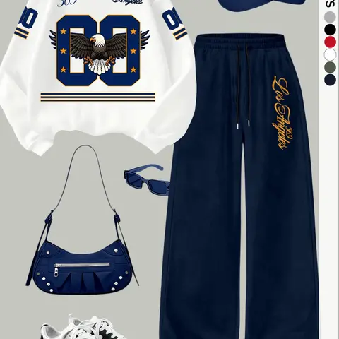 Women's Casual Loose Fit Two-Piece Set Outfit, Graphic Digital Animal Eagle Print Long Sleeve Hoodie and Wide Leg Pants, Fall Winter, Comfortable and Stylish, Fashion, Matching Set Outfit