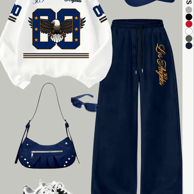 Women's Casual Loose Fit Two-Piece Set Outfit, Graphic Digital Animal Eagle Print Long Sleeve Hoodie and Wide Leg Pants, Fall Winter, Comfortable and Stylish, Fashion, Matching Set Outfit