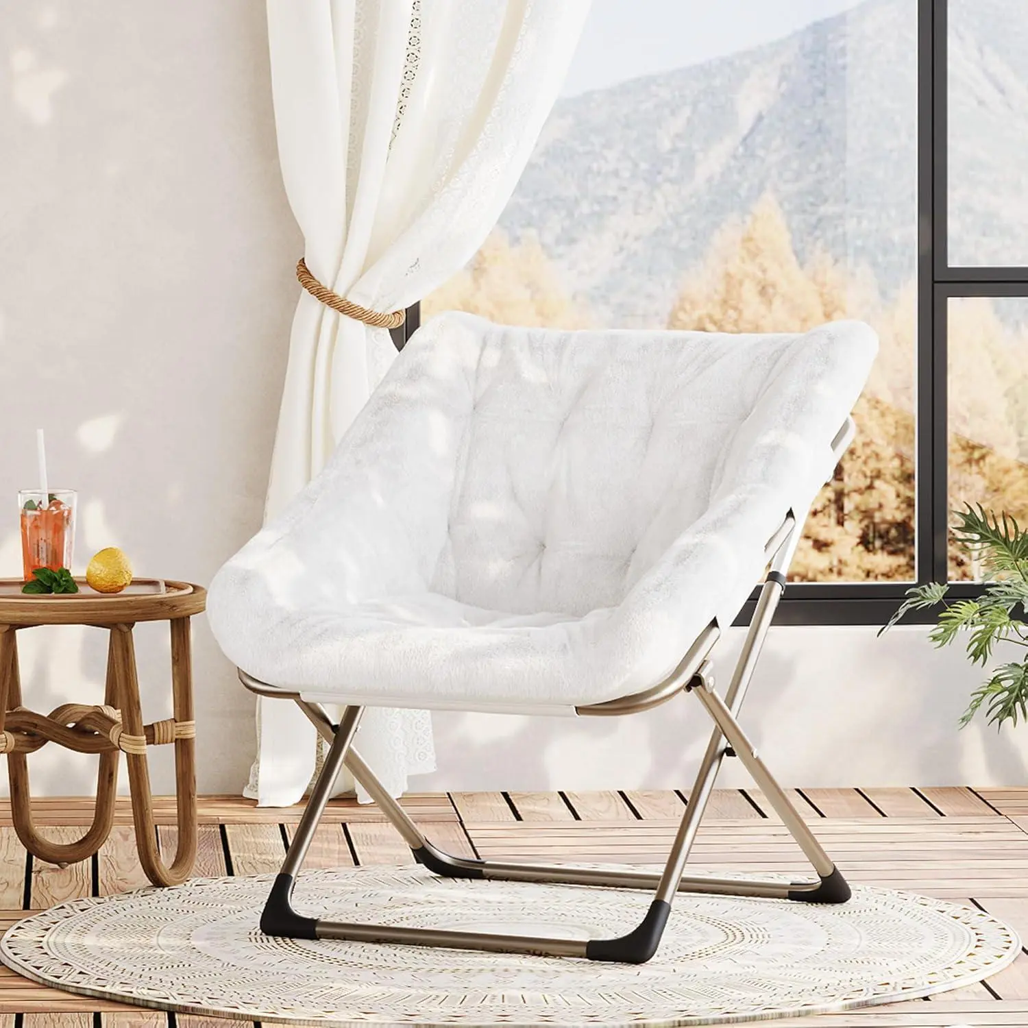 Garvee Oversized Foldable Butterfly Chair with Soft Faux Fur Upholstery, Lightweight Steel Frame with 300 Lb Capacity, Perfect for Living Room, Bedroom, Dorms, and Outdoor Use,White