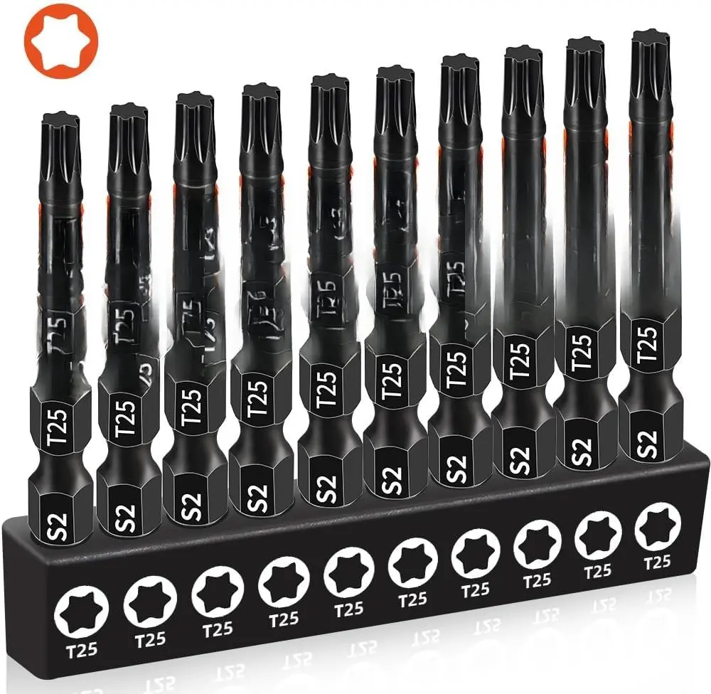 10-Pack T25 Torx Bits for Impact Driver, T-25 Torx/ Bit Set 2'' Long,  Torque ,  S2 Alloy Steel, 1/4'' Hex-Shank for Professional & DIY Use
